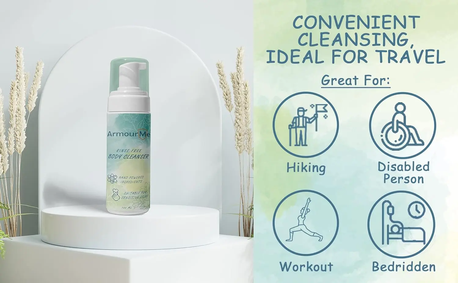 ArmourMe waterless body wash with aloe vera gently cleanses, moisturizes, and protects skin, offering a convenient shower-free cleansing option with a mild citrus scent.