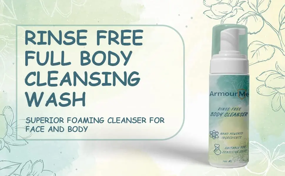 ArmourMe waterless body wash with aloe vera gently cleanses, moisturizes, and protects skin, offering a convenient shower-free cleansing option with a mild citrus scent.
