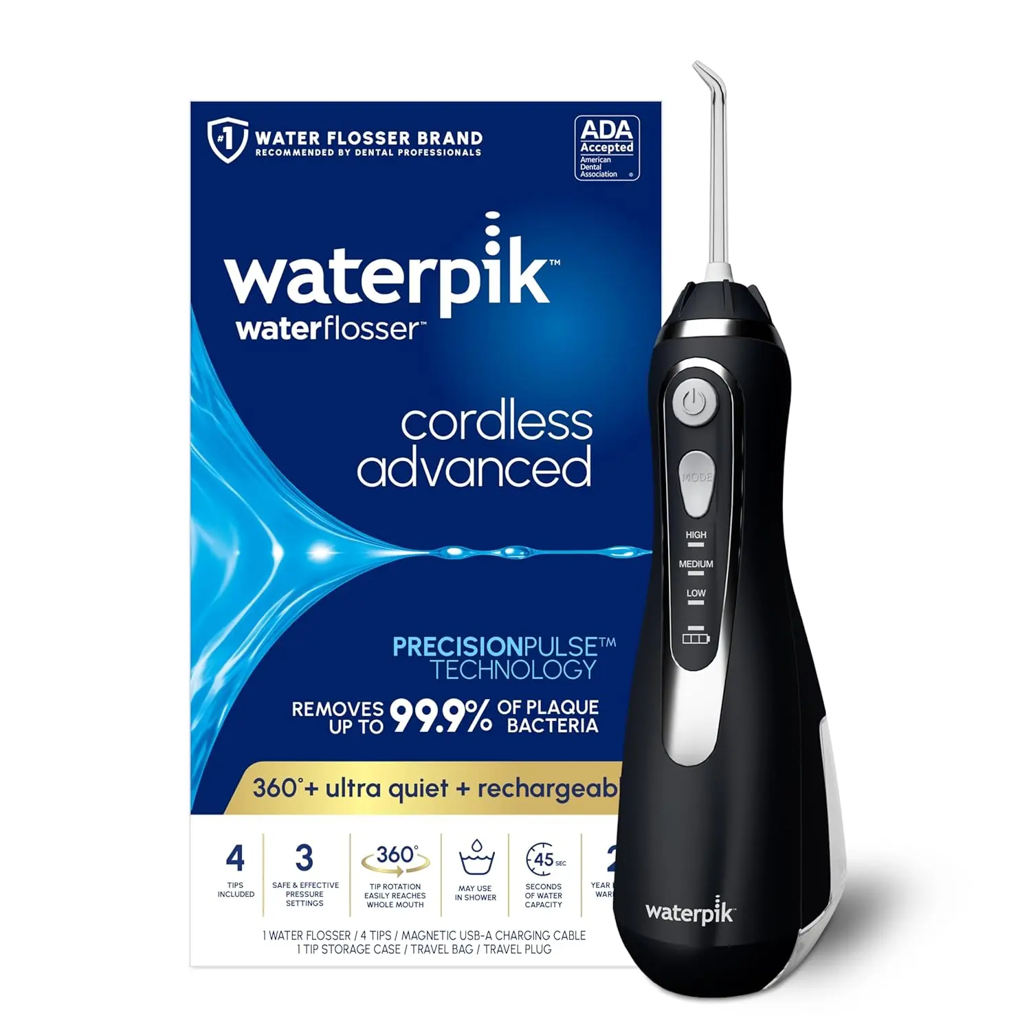 The Waterpik Cordless Advanced water flosser in brilliant black provides a convenient and effective way to remove plaque and improve gum health.