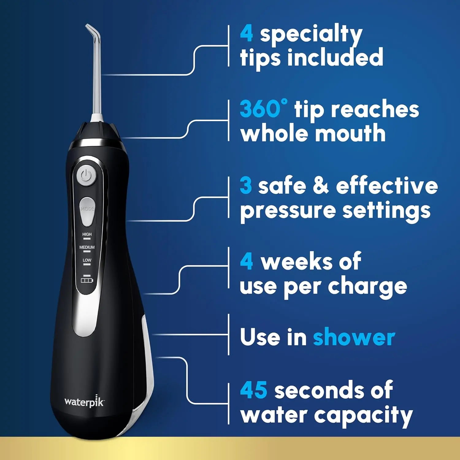 The Waterpik Cordless Advanced water flosser in brilliant black provides a convenient and effective way to remove plaque and improve gum health.
