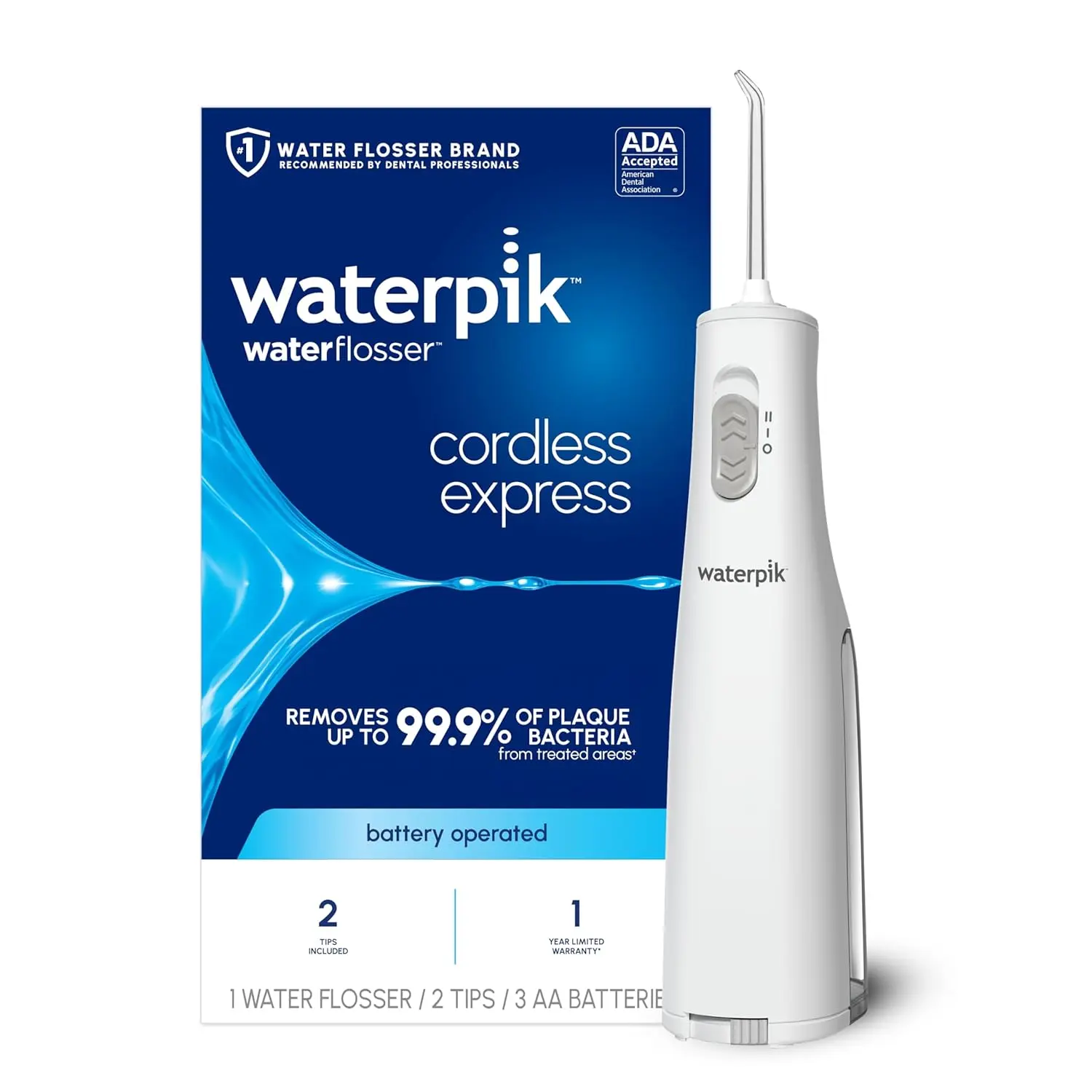 A white Waterpik Cordless Express water flosser is shown, a portable and battery-operated oral hygiene solution accepted by the ADA for effective plaque removal and gum health.