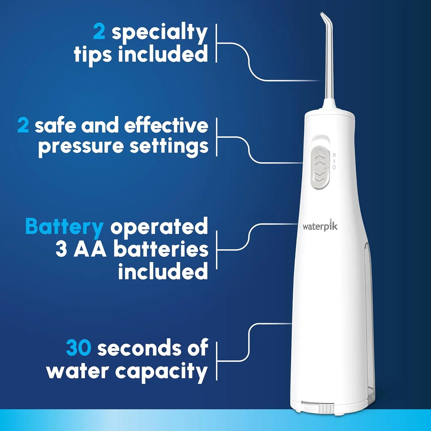 A white Waterpik Cordless Express water flosser is shown, a portable and battery-operated oral hygiene solution accepted by the ADA for effective plaque removal and gum health.