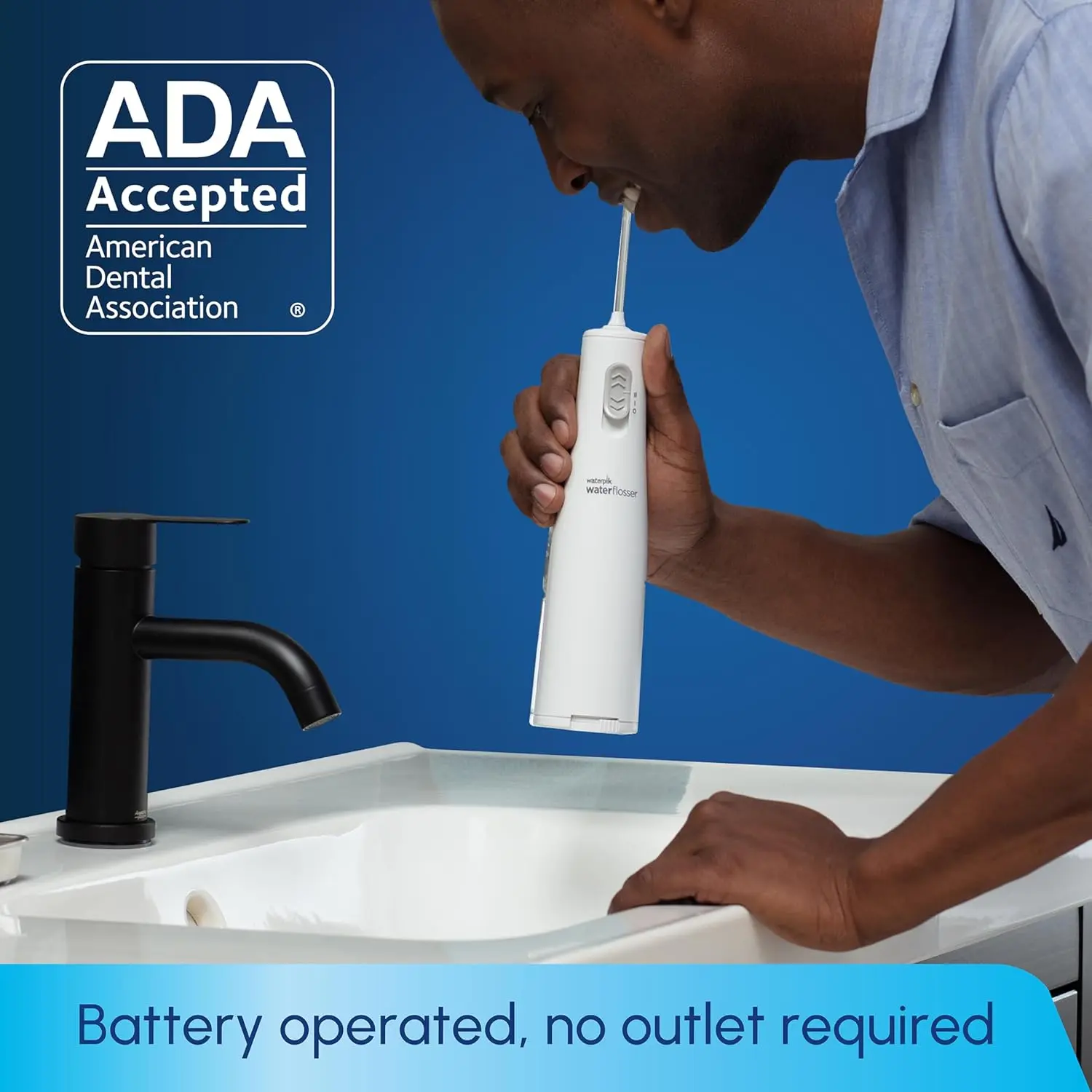 A white Waterpik Cordless Express water flosser is shown, a portable and battery-operated oral hygiene solution accepted by the ADA for effective plaque removal and gum health.