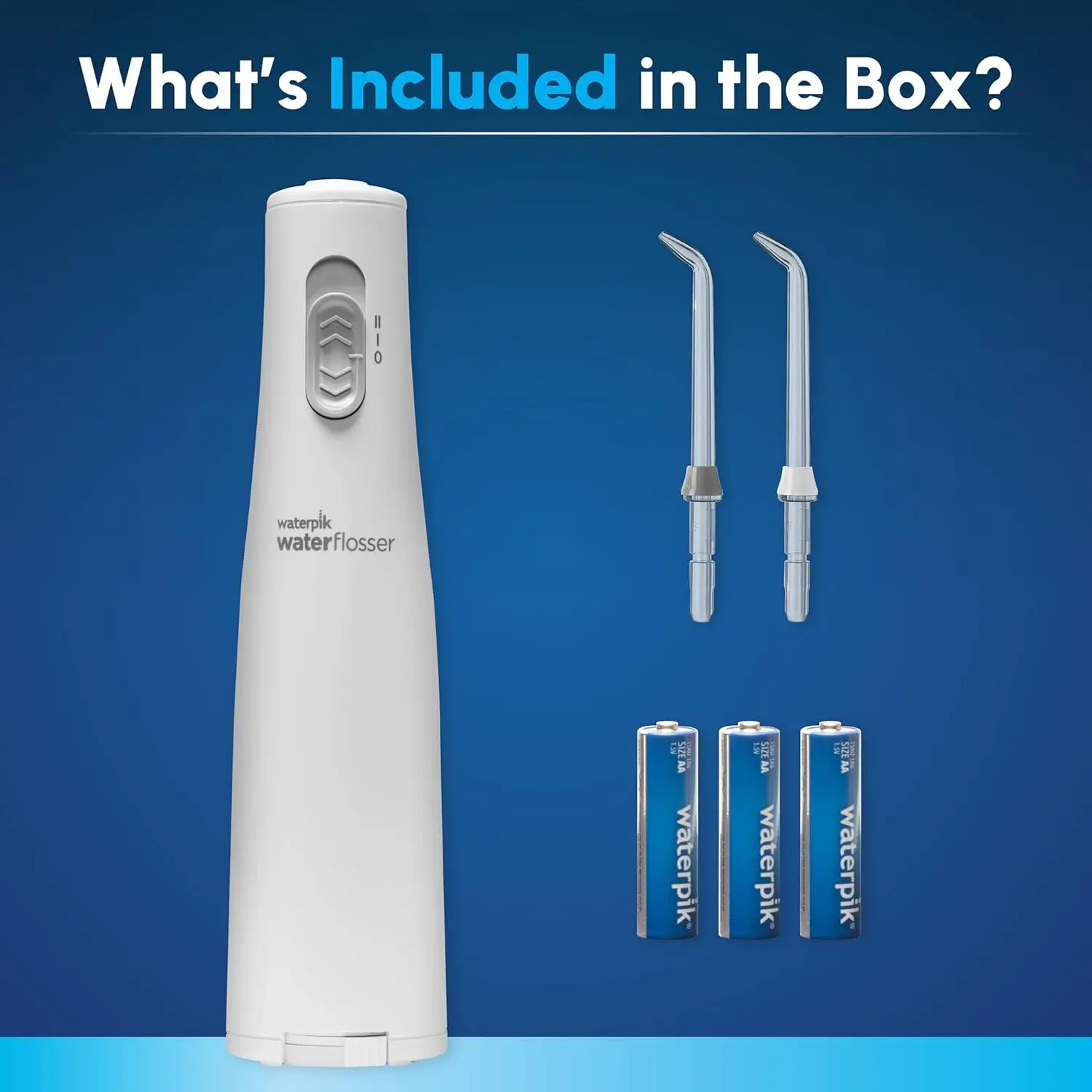 A white Waterpik Cordless Express water flosser is shown, a portable and battery-operated oral hygiene solution accepted by the ADA for effective plaque removal and gum health.