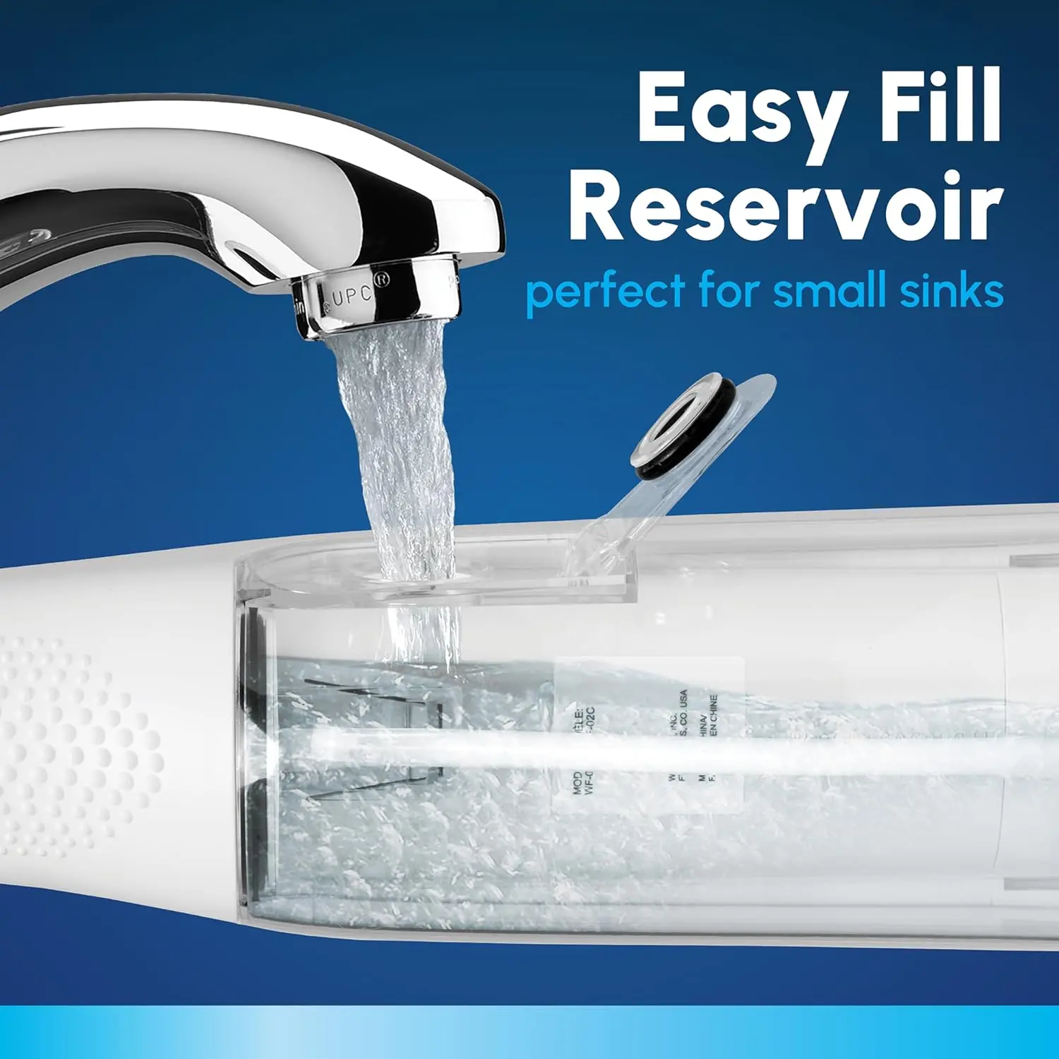 A white Waterpik Cordless Express water flosser is shown, a portable and battery-operated oral hygiene solution accepted by the ADA for effective plaque removal and gum health.