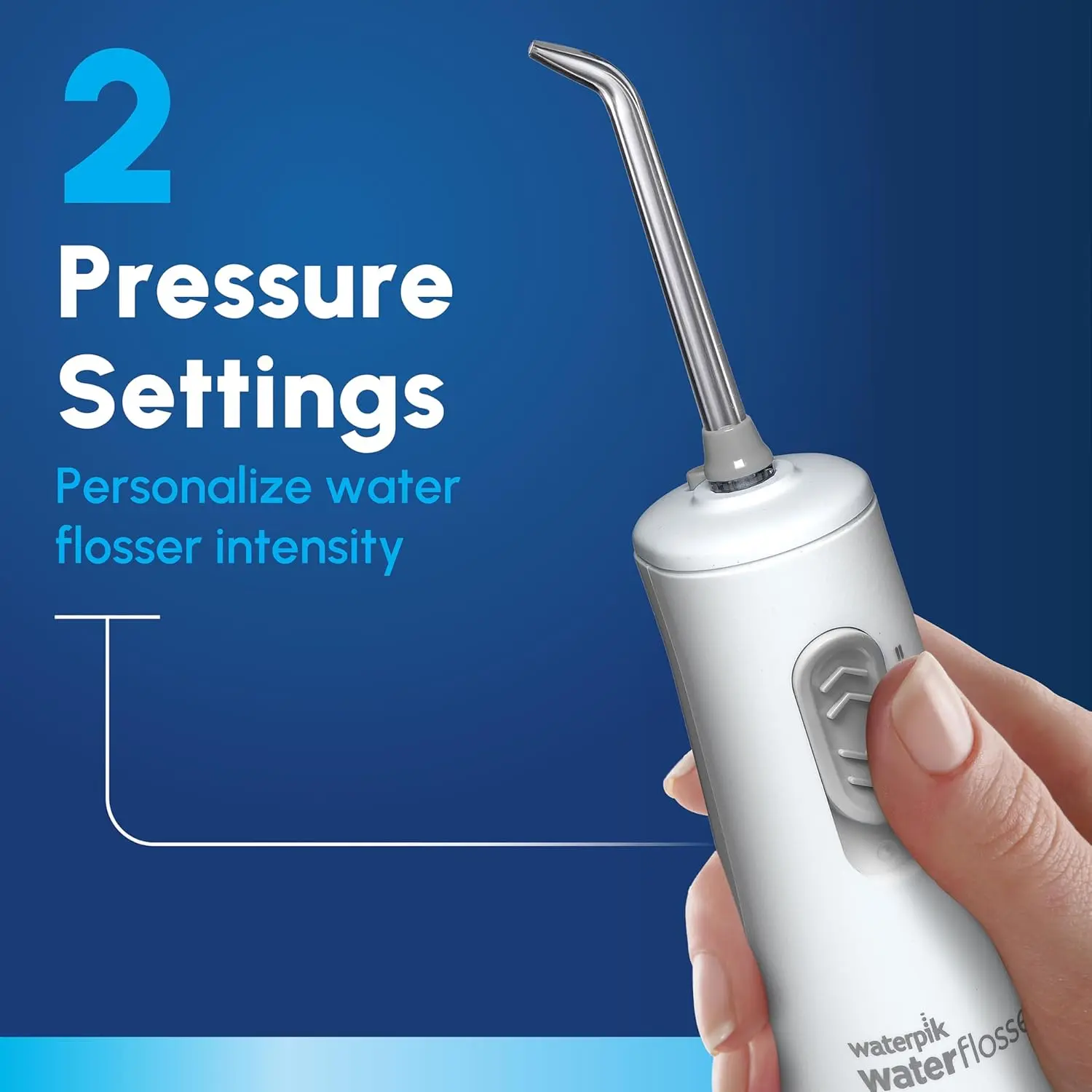A white Waterpik Cordless Express water flosser is shown, a portable and battery-operated oral hygiene solution accepted by the ADA for effective plaque removal and gum health.