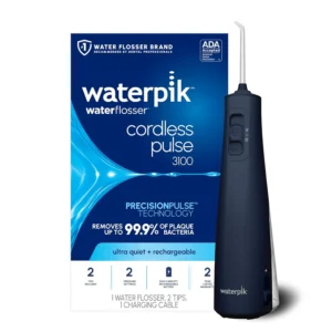 This is a Waterpik Cordless Pulse rechargeable water flosser for teeth and gum care, featuring two flossing tips and a waterproof design.