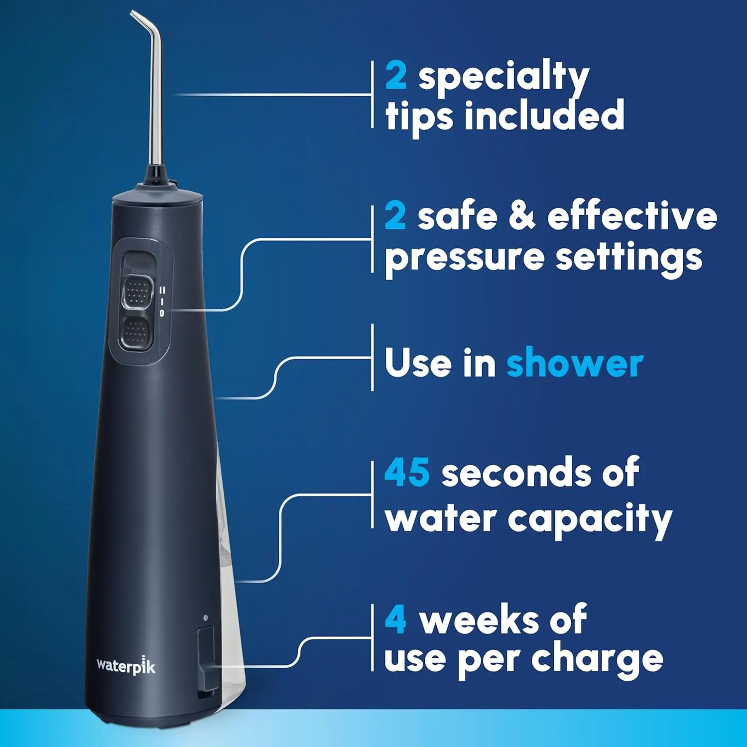 This is a Waterpik Cordless Pulse rechargeable water flosser for teeth and gum care, featuring two flossing tips and a waterproof design.