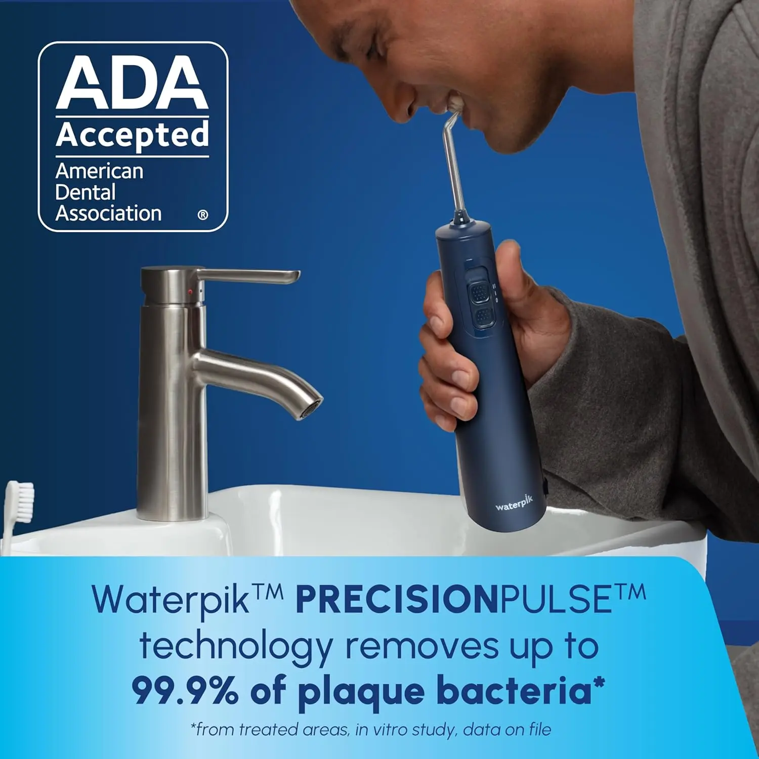 This is a Waterpik Cordless Pulse rechargeable water flosser for teeth and gum care, featuring two flossing tips and a waterproof design.