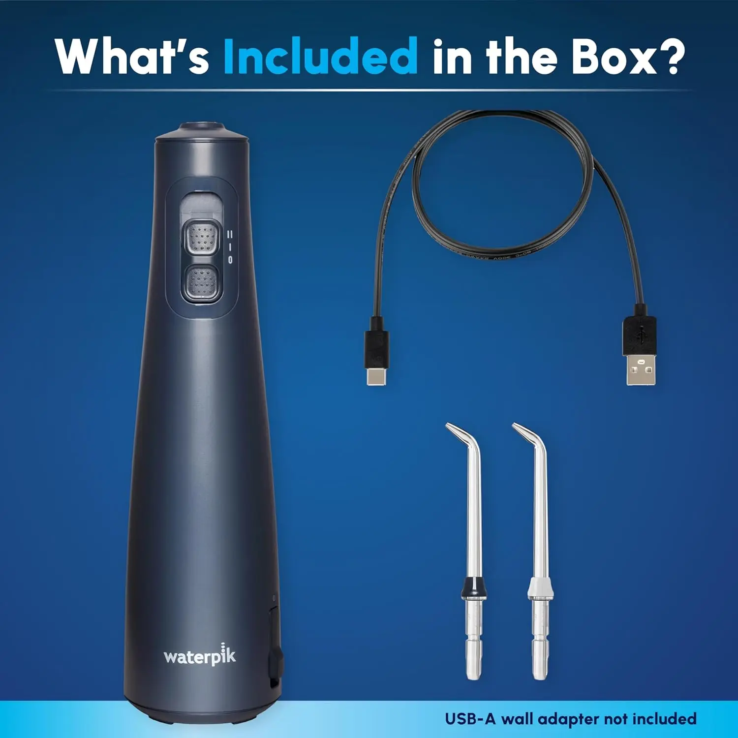 This is a Waterpik Cordless Pulse rechargeable water flosser for teeth and gum care, featuring two flossing tips and a waterproof design.