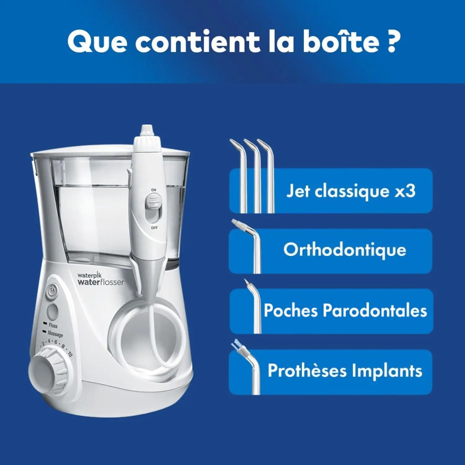White Waterpik oral irrigator effectively removes plaque, proven safer and more effective than flossing for braces, implants and gum health.