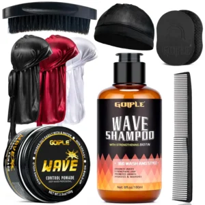 This men's wave kit includes strong hold pomade, a wave brush, durag, and shampoo for achieving defined and moisturized waves.