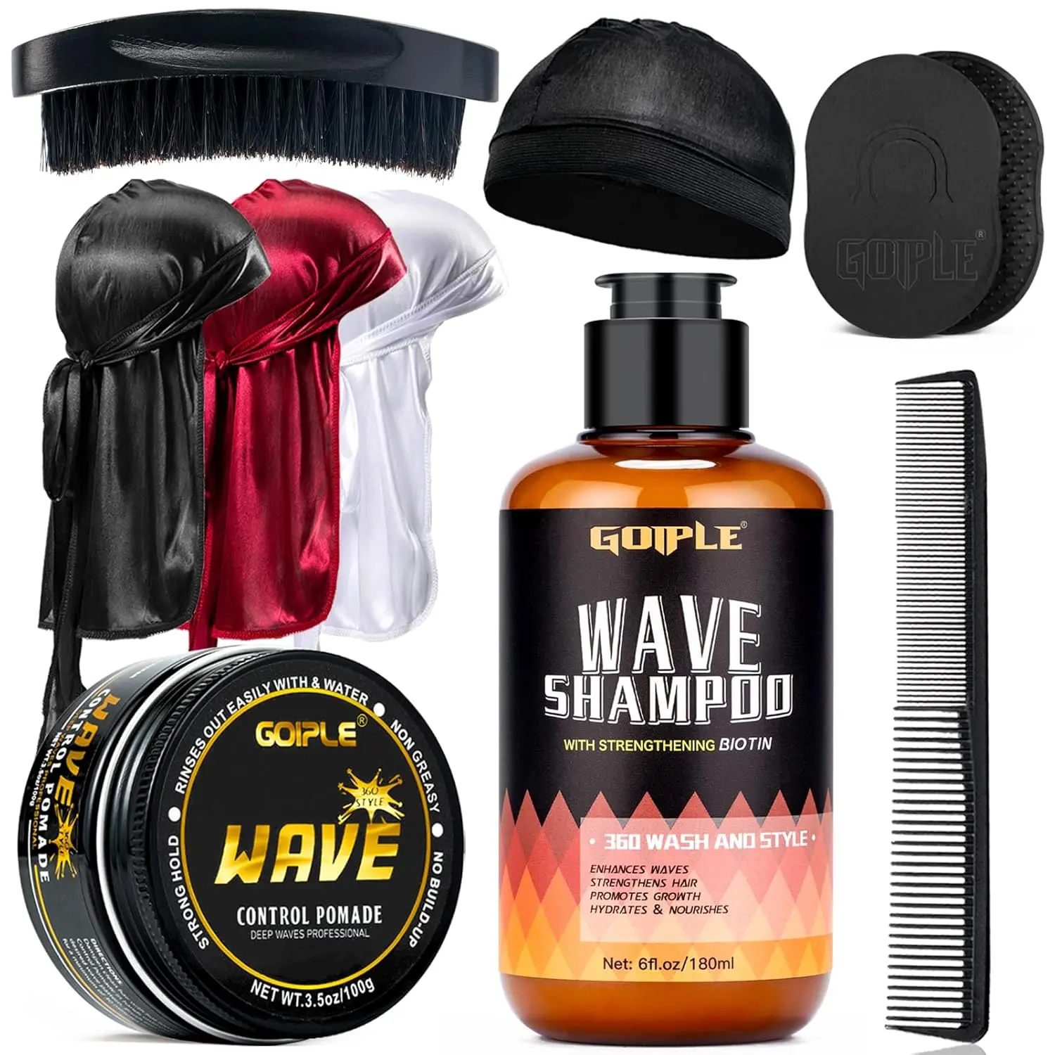 This men's wave kit includes strong hold pomade, a wave brush, durag, and shampoo for achieving defined and moisturized waves.