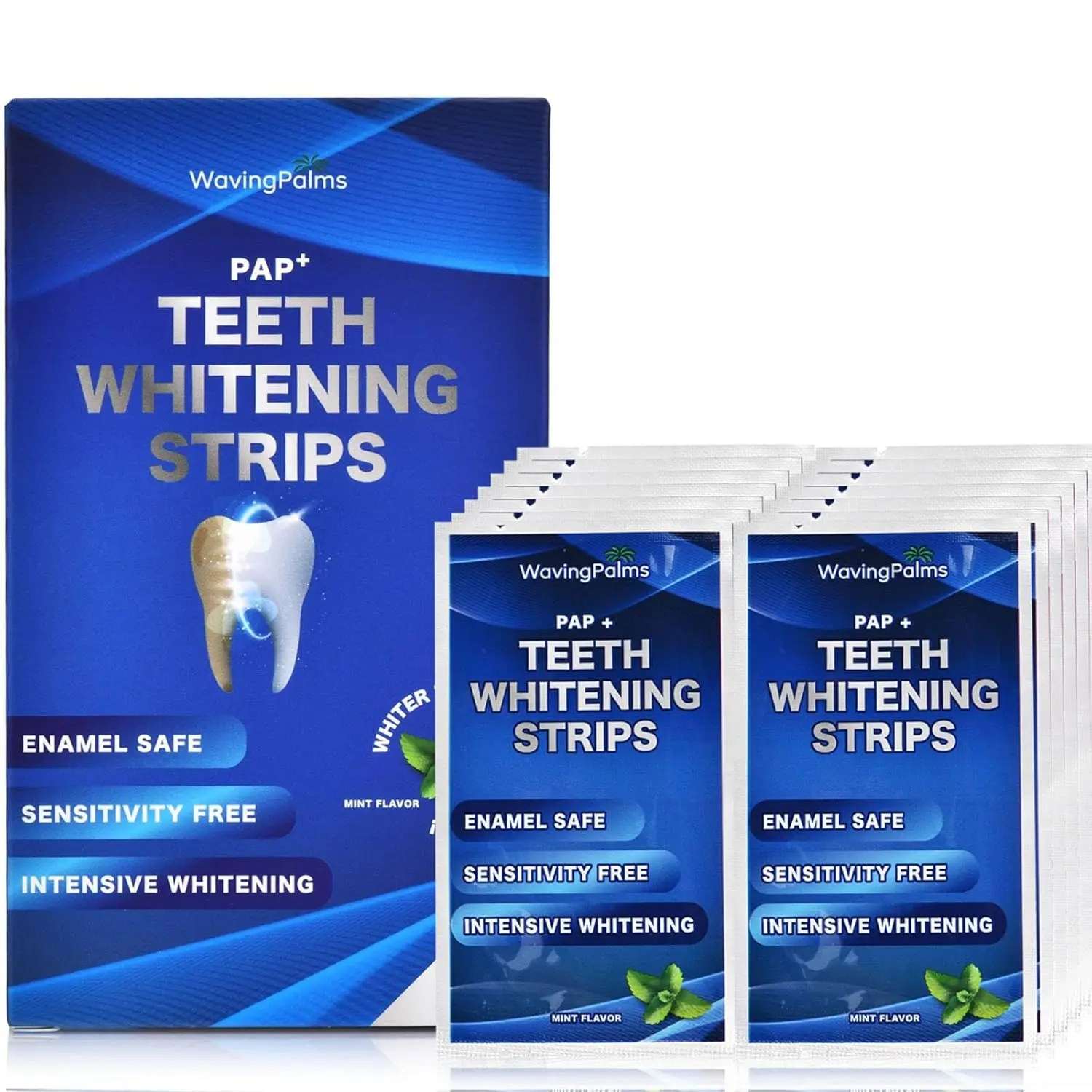 Close-up of Waving Palms teeth whitening strips demonstrating their easy application for a brighter smile with reduced sensitivity.