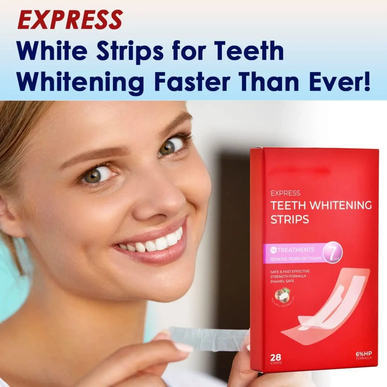 Achieve a brighter smile with Waving Palms teeth whitening strips featuring 6% hydrogen peroxide and natural coconut oil for effective and safe yellow stain reduction in a convenient 28-piece kit.