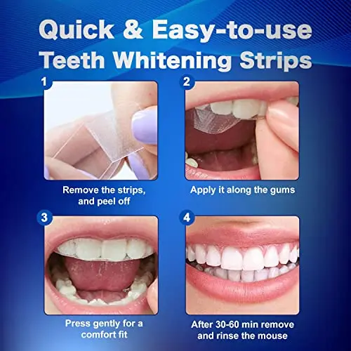 Close-up of Waving Palms teeth whitening strips demonstrating their easy application for a brighter smile with reduced sensitivity.