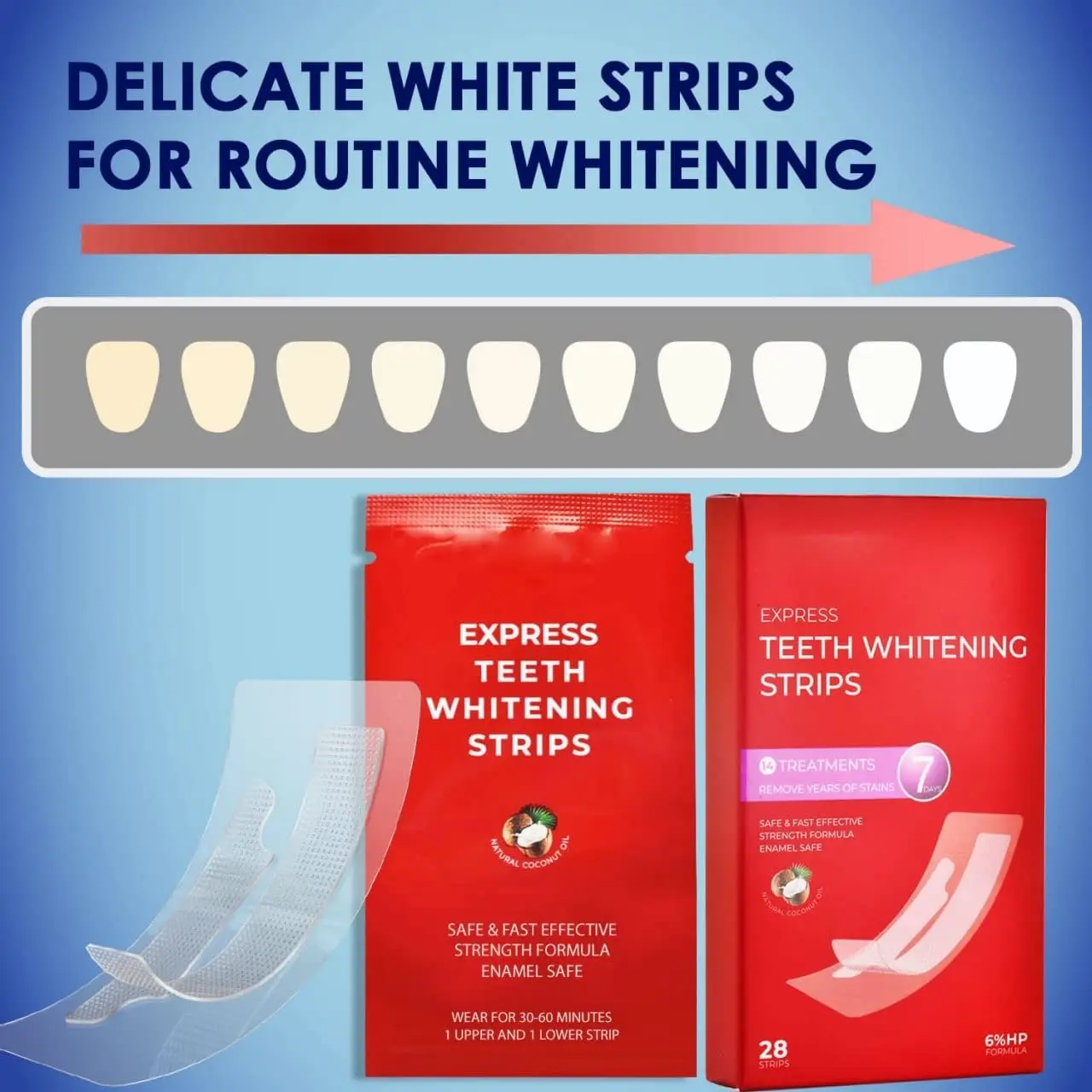 Achieve a brighter smile with Waving Palms teeth whitening strips featuring 6% hydrogen peroxide and natural coconut oil for effective and safe yellow stain reduction in a convenient 28-piece kit.