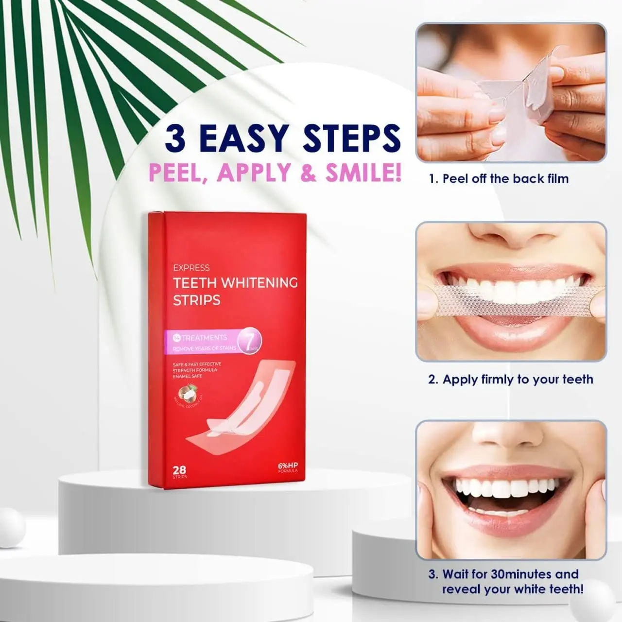 Achieve a brighter smile with Waving Palms teeth whitening strips featuring 6% hydrogen peroxide and natural coconut oil for effective and safe yellow stain reduction in a convenient 28-piece kit.