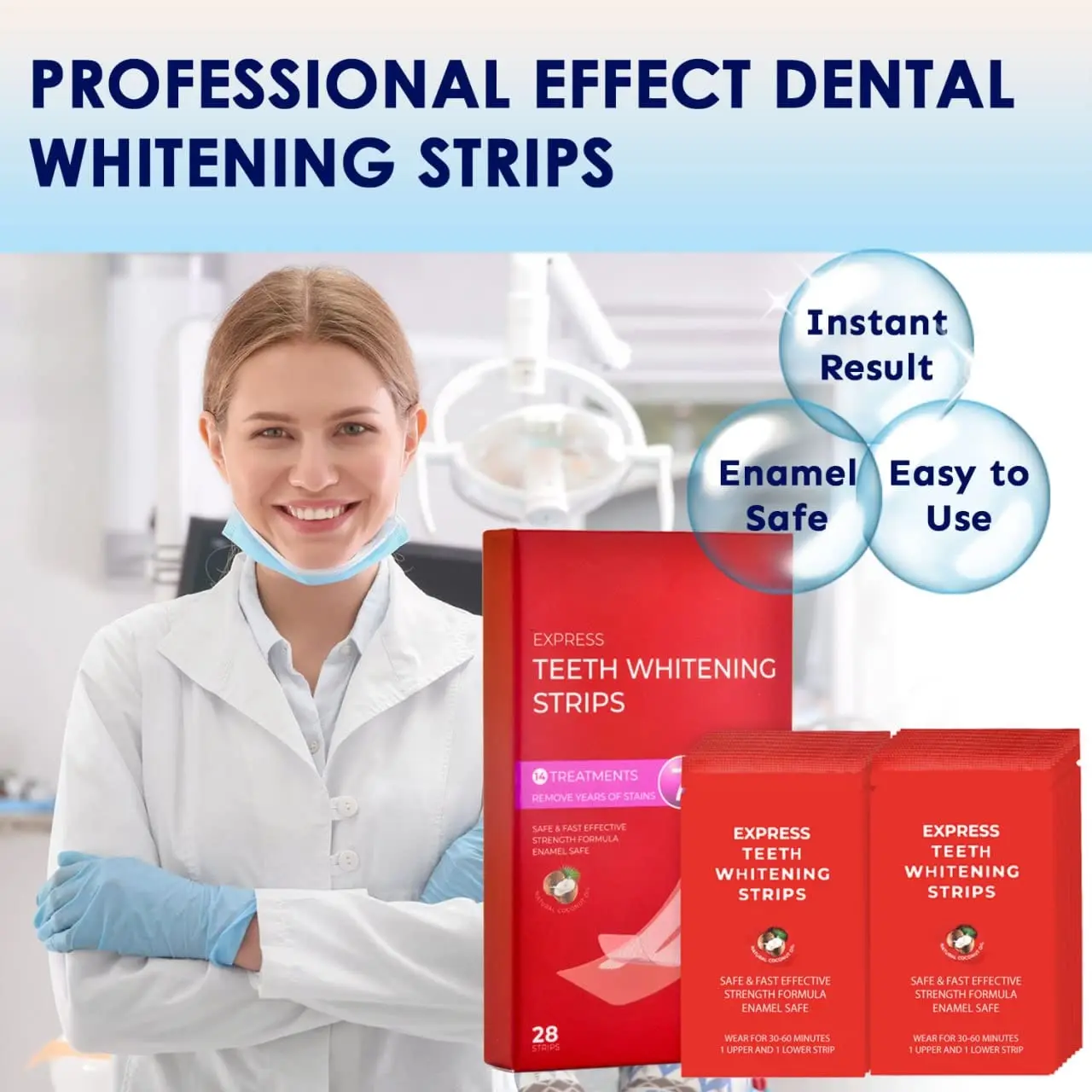 Achieve a brighter smile with Waving Palms teeth whitening strips featuring 6% hydrogen peroxide and natural coconut oil for effective and safe yellow stain reduction in a convenient 28-piece kit.