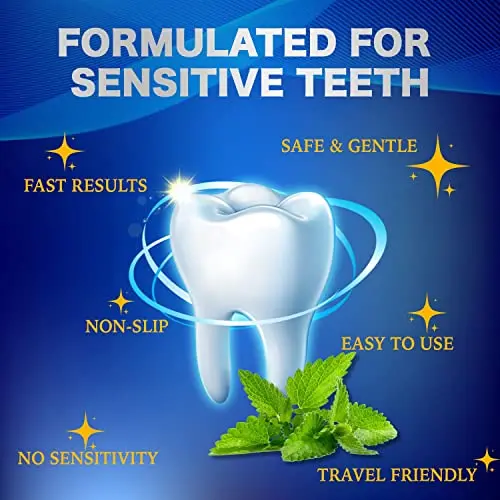 Close-up of Waving Palms teeth whitening strips demonstrating their easy application for a brighter smile with reduced sensitivity.