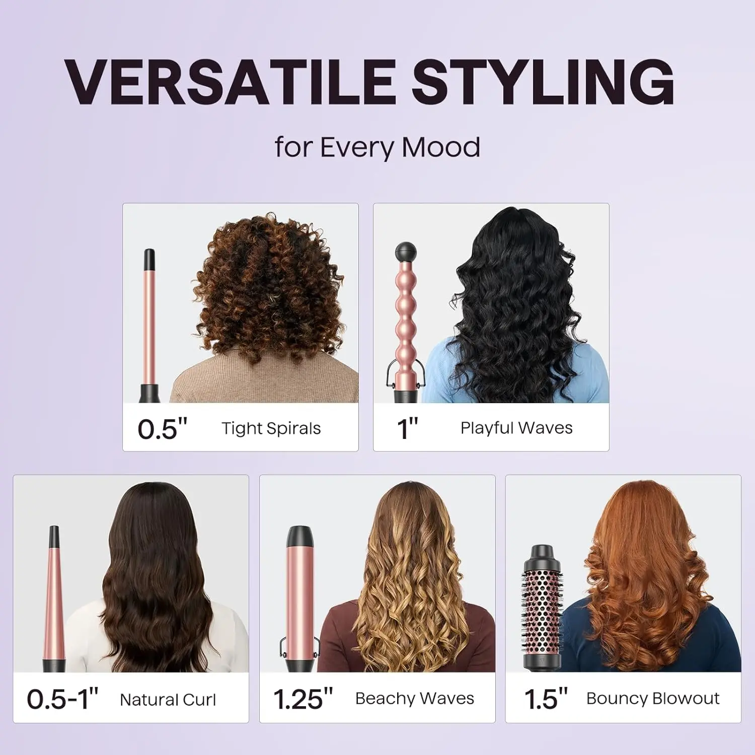 This Wavytalk 5 in 1 curling wand set includes interchangeable ceramic barrels, a thermal brush, and creates multiple curl sizes for versatile hairstyles.