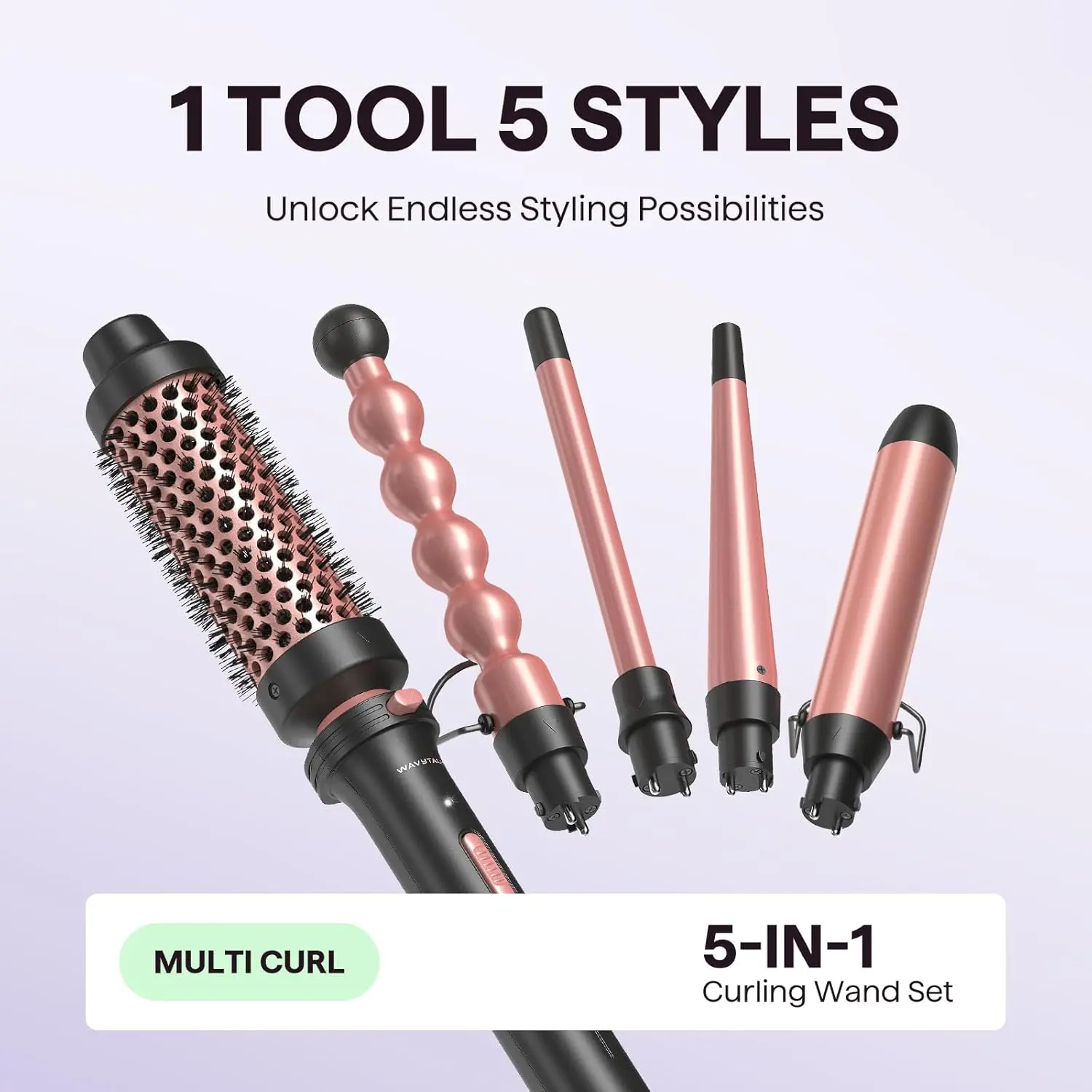 This Wavytalk 5 in 1 curling wand set includes interchangeable ceramic barrels, a thermal brush, and creates multiple curl sizes for versatile hairstyles.