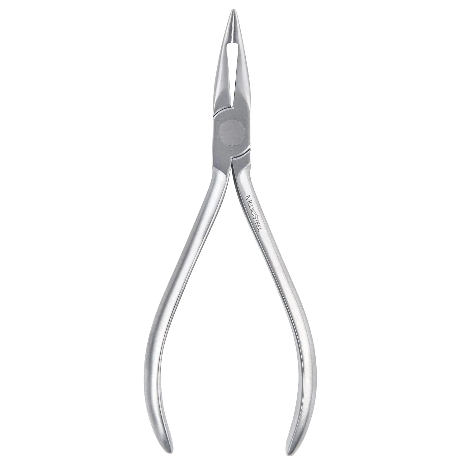 Close-up of a slim 5.5 inch Medicsteel Weingart orthodontic plier made with surgical grade stainless steel and German tungsten carbide inserts, designed for optimal performance in dental and surgical settings.