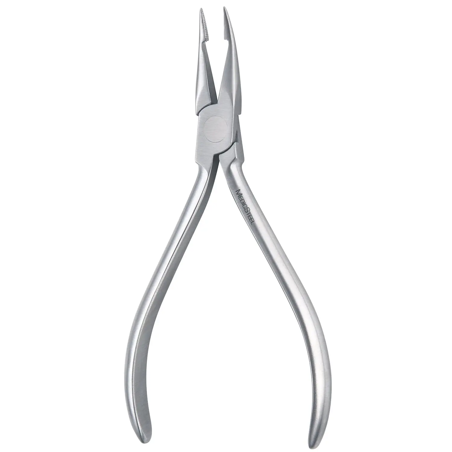 Close-up of a slim 5.5 inch Medicsteel Weingart orthodontic plier made with surgical grade stainless steel and German tungsten carbide inserts, designed for optimal performance in dental and surgical settings.