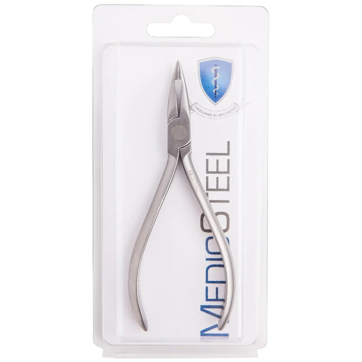 Close-up of a slim 5.5 inch Medicsteel Weingart orthodontic plier made with surgical grade stainless steel and German tungsten carbide inserts, designed for optimal performance in dental and surgical settings.