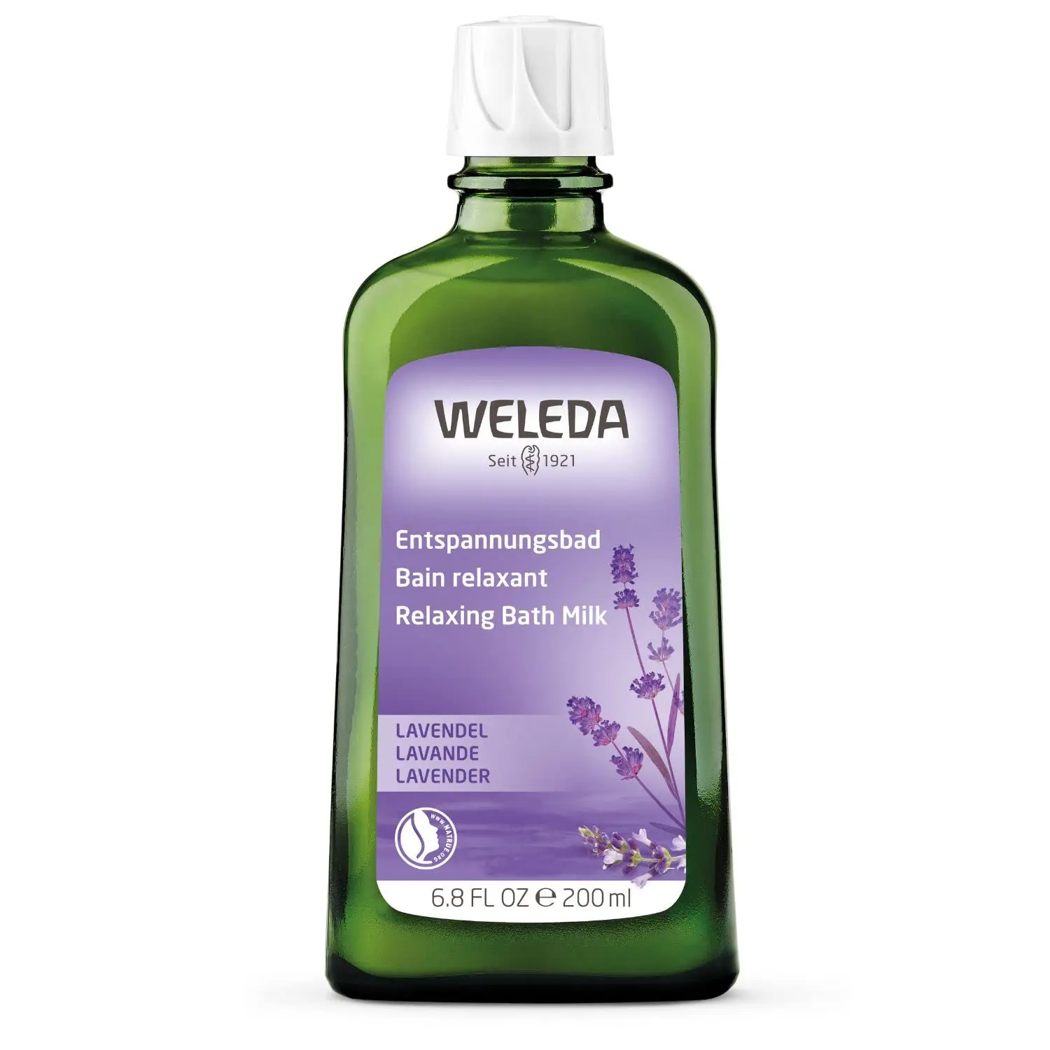 Weleda Lavender Relaxing Bath Milk with sunny lavender scents to alleviate tensions and calm agitation for body and spirit care.