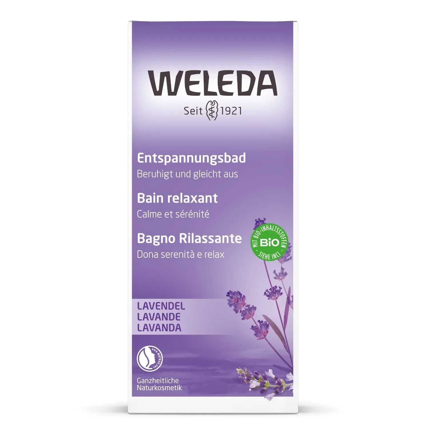 Weleda Lavender Relaxing Bath Milk with sunny lavender scents to alleviate tensions and calm agitation for body and spirit care.