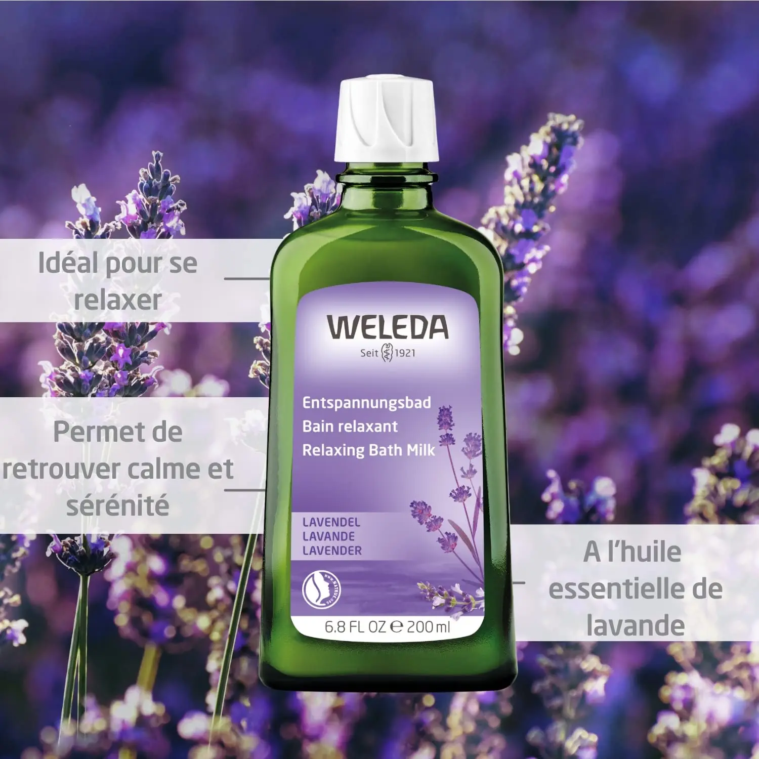 Weleda Lavender Relaxing Bath Milk with sunny lavender scents to alleviate tensions and calm agitation for body and spirit care.
