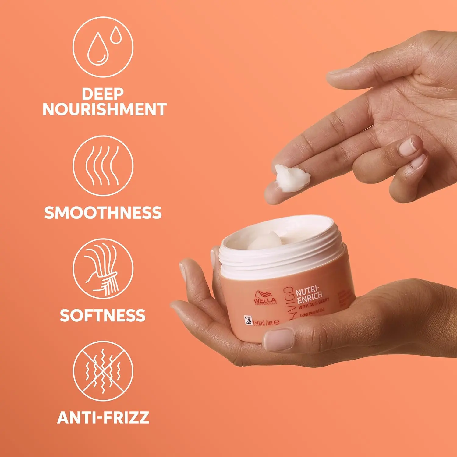 A jar of Wella Nutri-Enrich Mask designed to deeply nourish, moisturize, and revitalize dry and distressed hair with its unique blend of vitamins.
