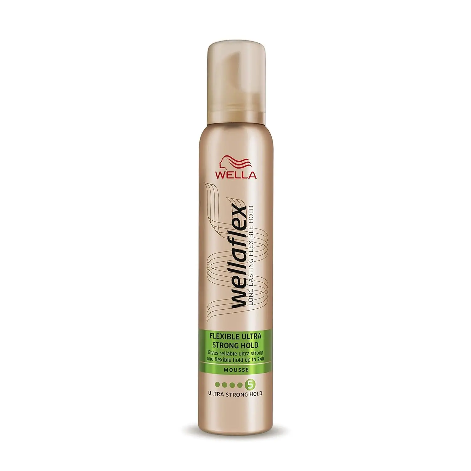 A can of Wellaflex hair mousse providing ultra strong, flexible 24-hour hold and natural styles.