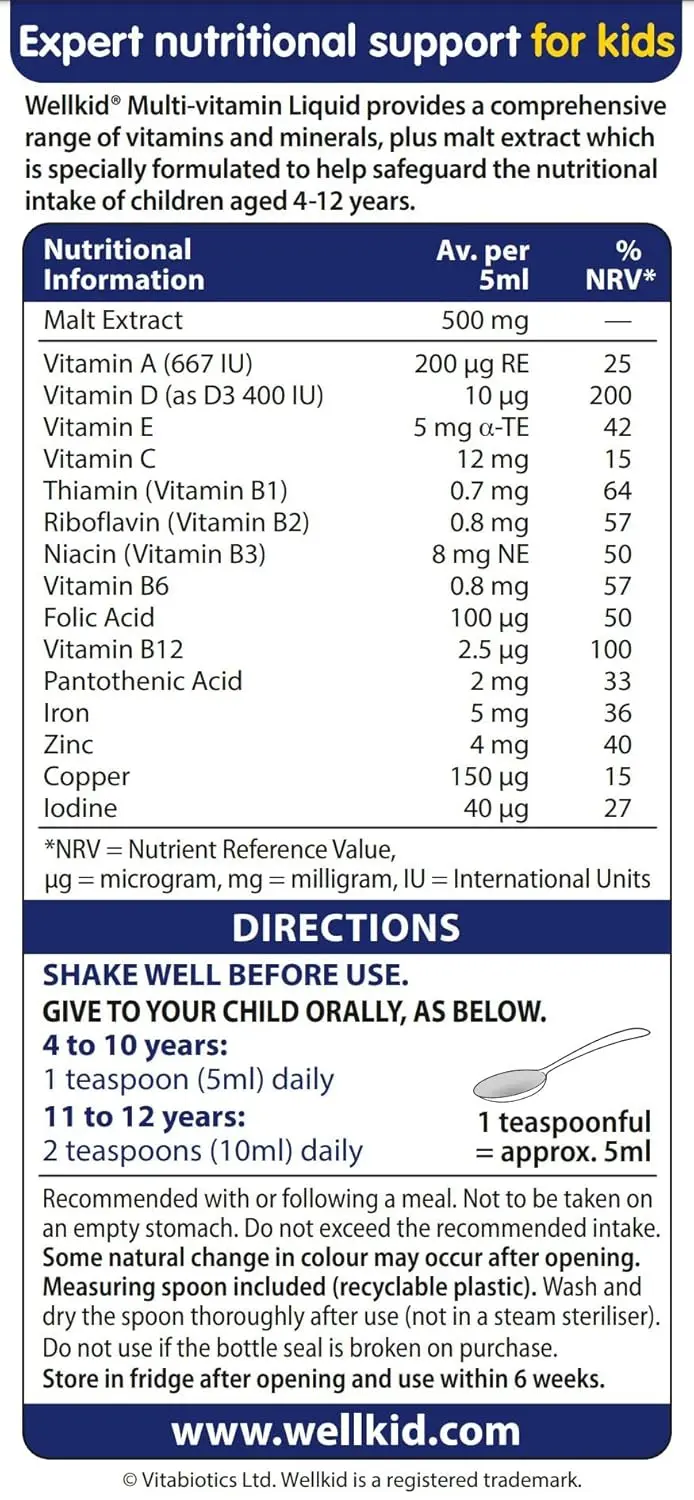 Wellkid multivitamin liquid provides essential vitamins and minerals for babies and infants, formulated with GMP standards and free from artificial additives.