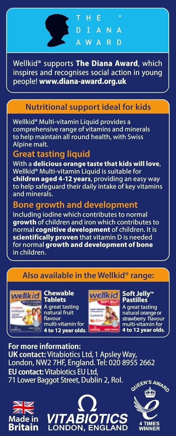 Wellkid multivitamin liquid provides essential vitamins and minerals for babies and infants, formulated with GMP standards and free from artificial additives.