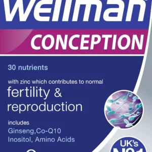 Vitabiotics Wellman Conception tablets for male fertility, with zinc, ginseng, CoQ10, inositol and amino acids to support reproductive health.
