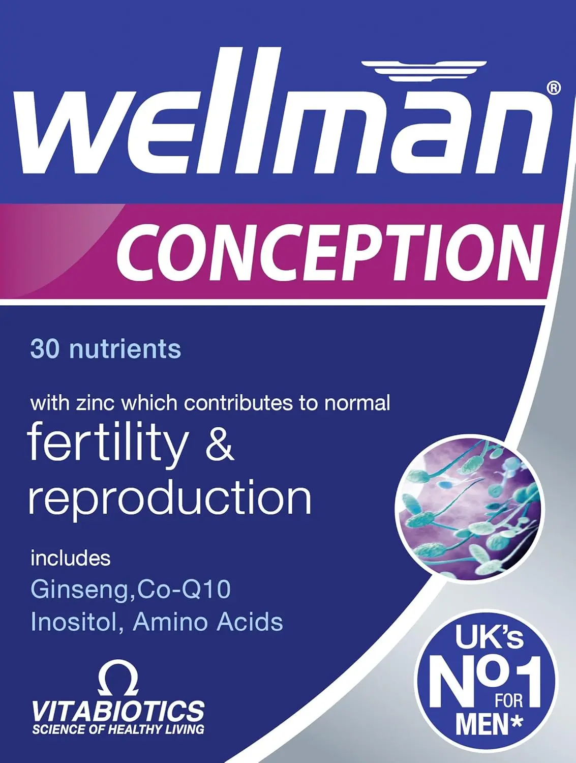 Vitabiotics Wellman Conception tablets for male fertility, with zinc, ginseng, CoQ10, inositol and amino acids to support reproductive health.