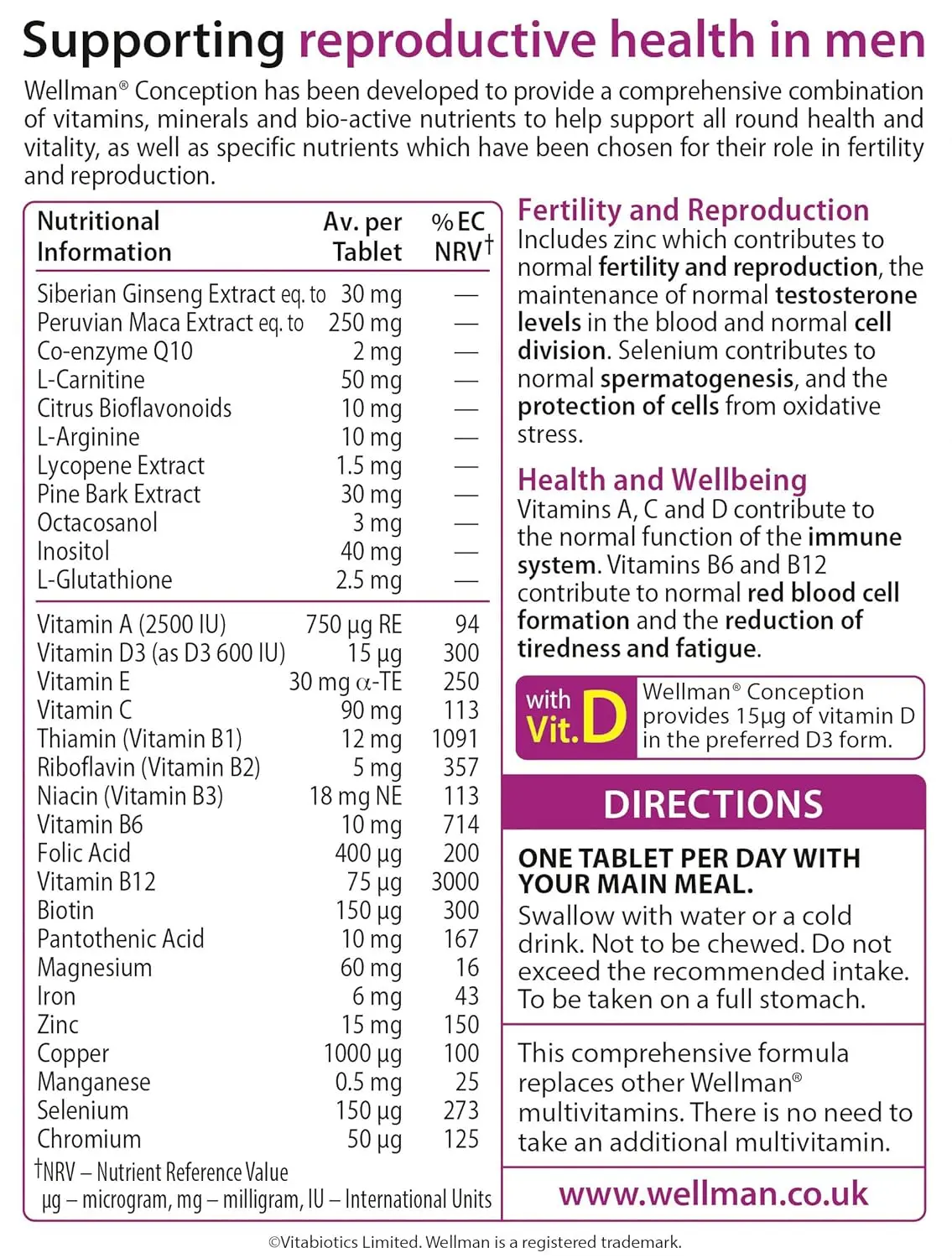 Vitabiotics Wellman Conception tablets for male fertility, with zinc, ginseng, CoQ10, inositol and amino acids to support reproductive health.