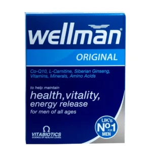 Vitabiotics Wellman Energy Release tablets support normal immune function, reduce tiredness, and maintain healthy testosterone levels with vitamins, minerals, Siberian ginseng, and CoQ10.