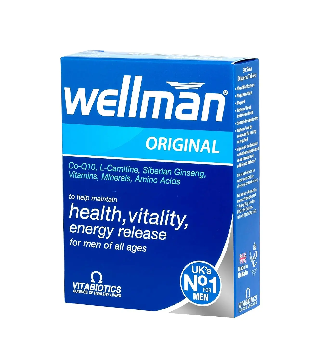 Vitabiotics Wellman Energy Release tablets support normal immune function, reduce tiredness, and maintain healthy testosterone levels with vitamins, minerals, Siberian ginseng, and CoQ10.