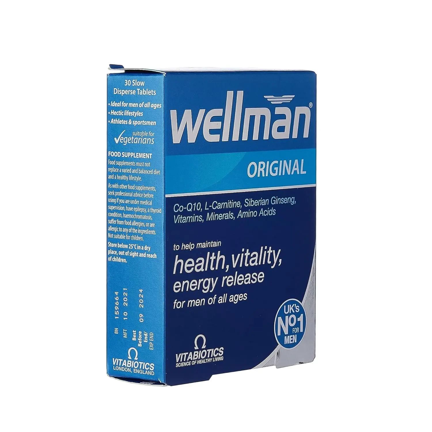 Vitabiotics Wellman Energy Release tablets support normal immune function, reduce tiredness, and maintain healthy testosterone levels with vitamins, minerals, Siberian ginseng, and CoQ10.
