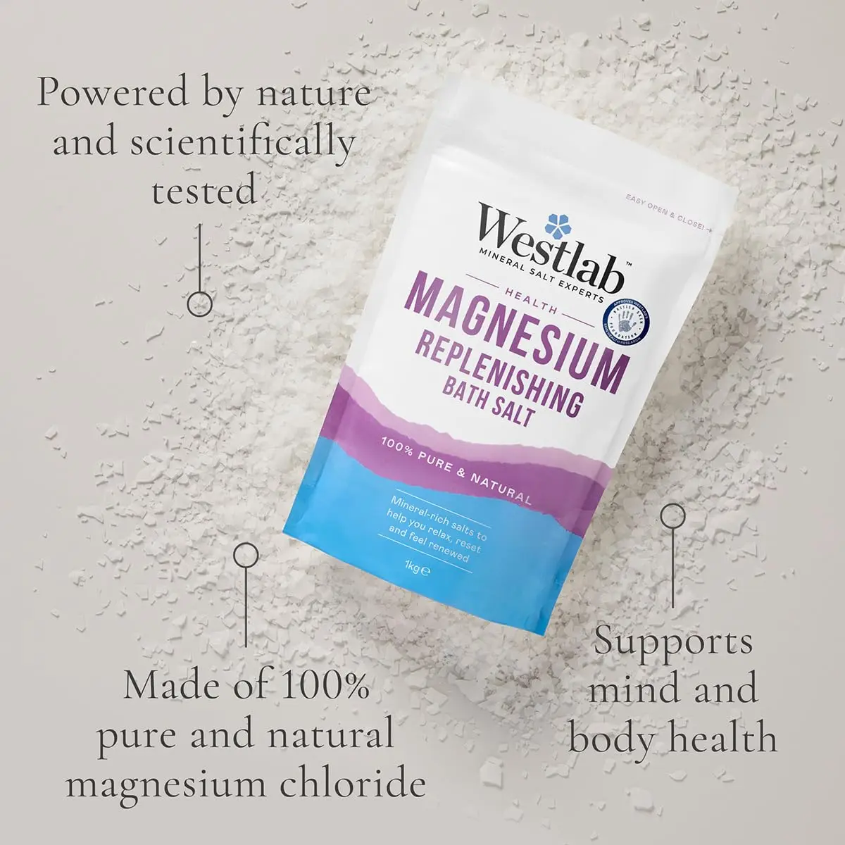 Westlab magnesium flakes are a pure and natural way to boost magnesium levels, relieve muscle tension, and promote relaxation in a soothing bath soak.