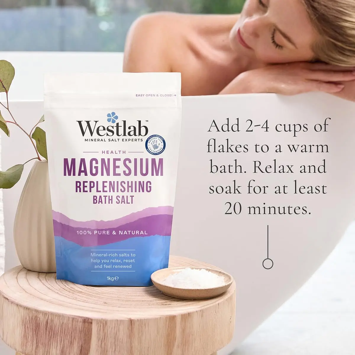 Westlab magnesium flakes are a pure and natural way to boost magnesium levels, relieve muscle tension, and promote relaxation in a soothing bath soak.