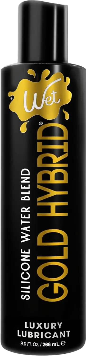 A bottle of Wet Gold hybrid lubricant, a blend of silicone and water based formulas for smooth glide during intimacy.