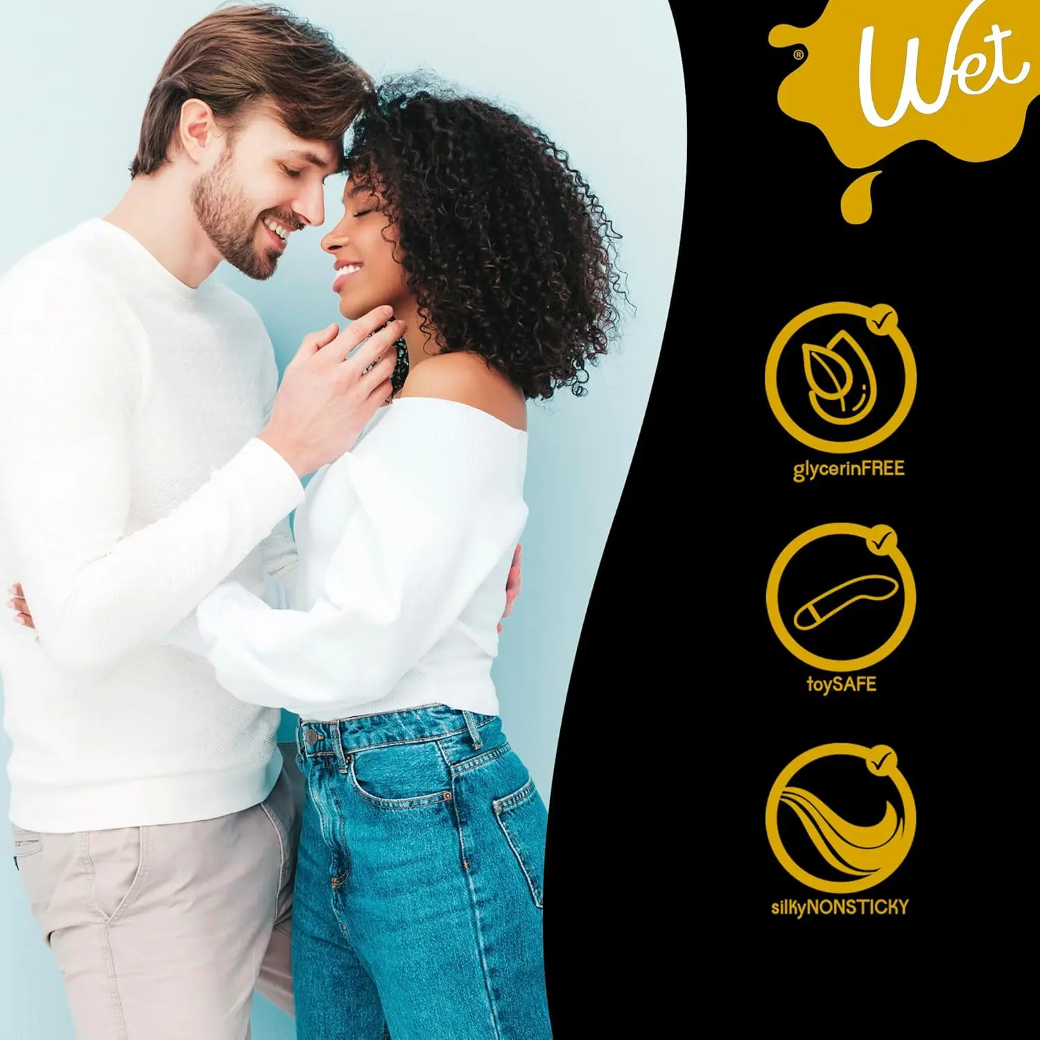 A bottle of Wet Gold hybrid lubricant, a blend of silicone and water based formulas for smooth glide during intimacy.