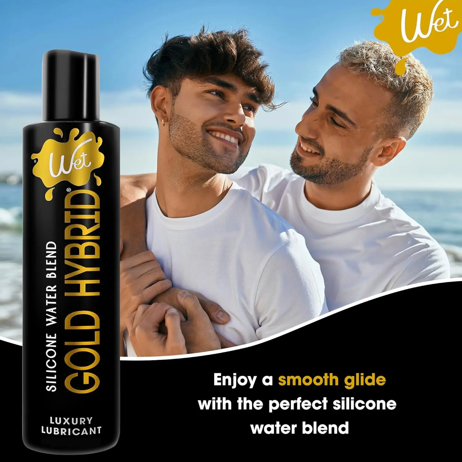 A bottle of Wet Gold hybrid lubricant, a blend of silicone and water based formulas for smooth glide during intimacy.