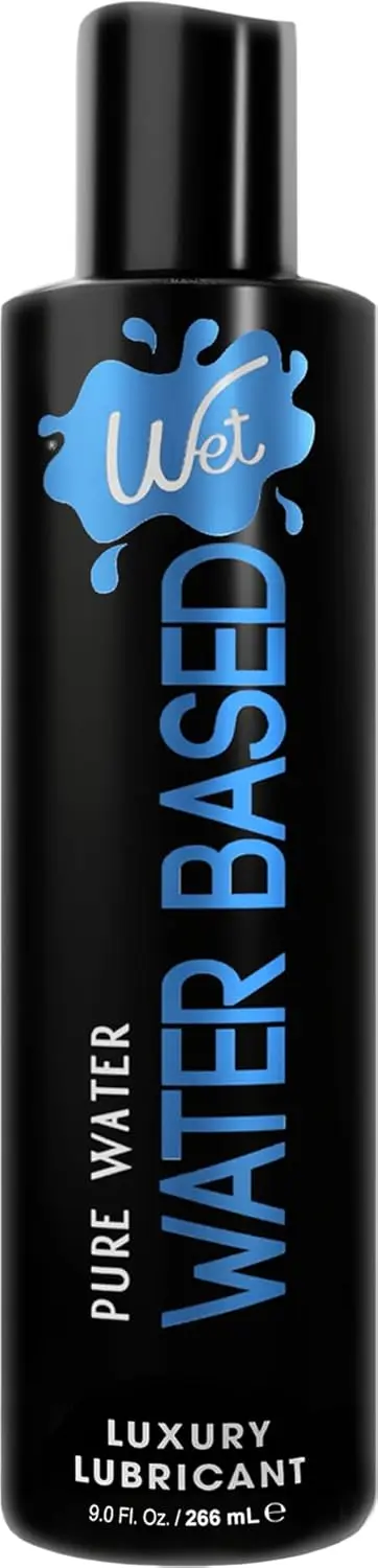 A 9oz bottle of Wet Original personal lubricant, a safe, vegan, pH balanced, hypoallergenic, paraben-free, water-based formula in hygienic packaging for long-lasting intimate use with condoms.
