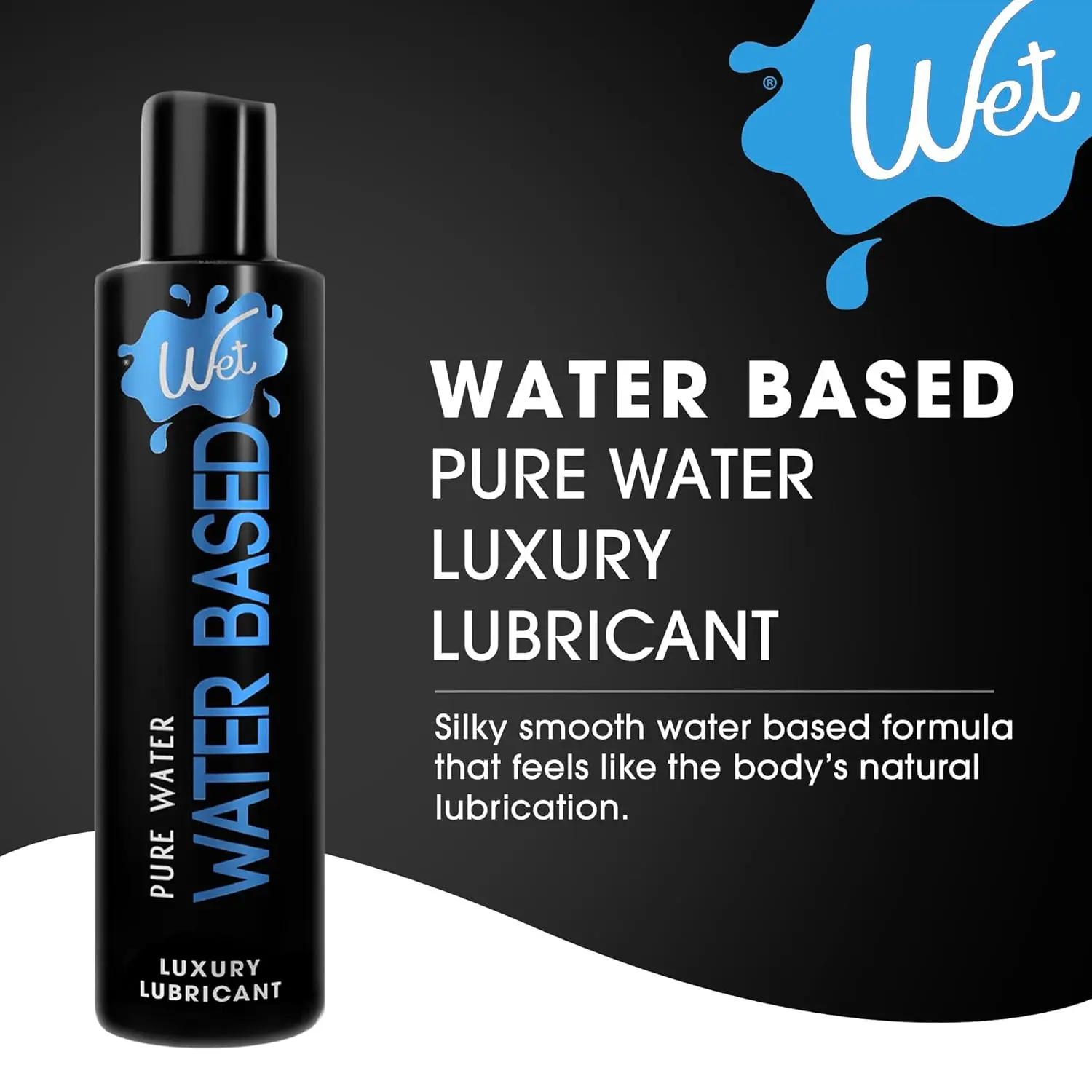 A 9oz bottle of Wet Original personal lubricant, a safe, vegan, pH balanced, hypoallergenic, paraben-free, water-based formula in hygienic packaging for long-lasting intimate use with condoms.