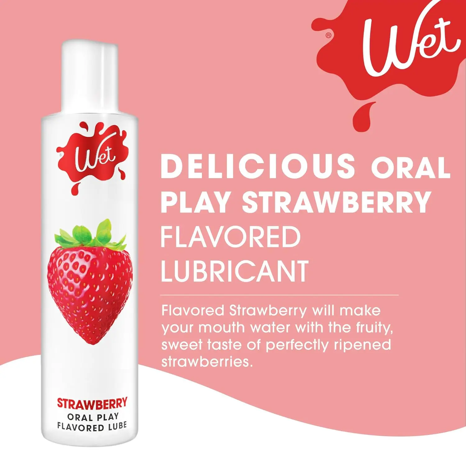 A bottle of Wet strawberry flavored lube that is paraben-free, gluten-free, and sugar-free for enjoyable oral play.